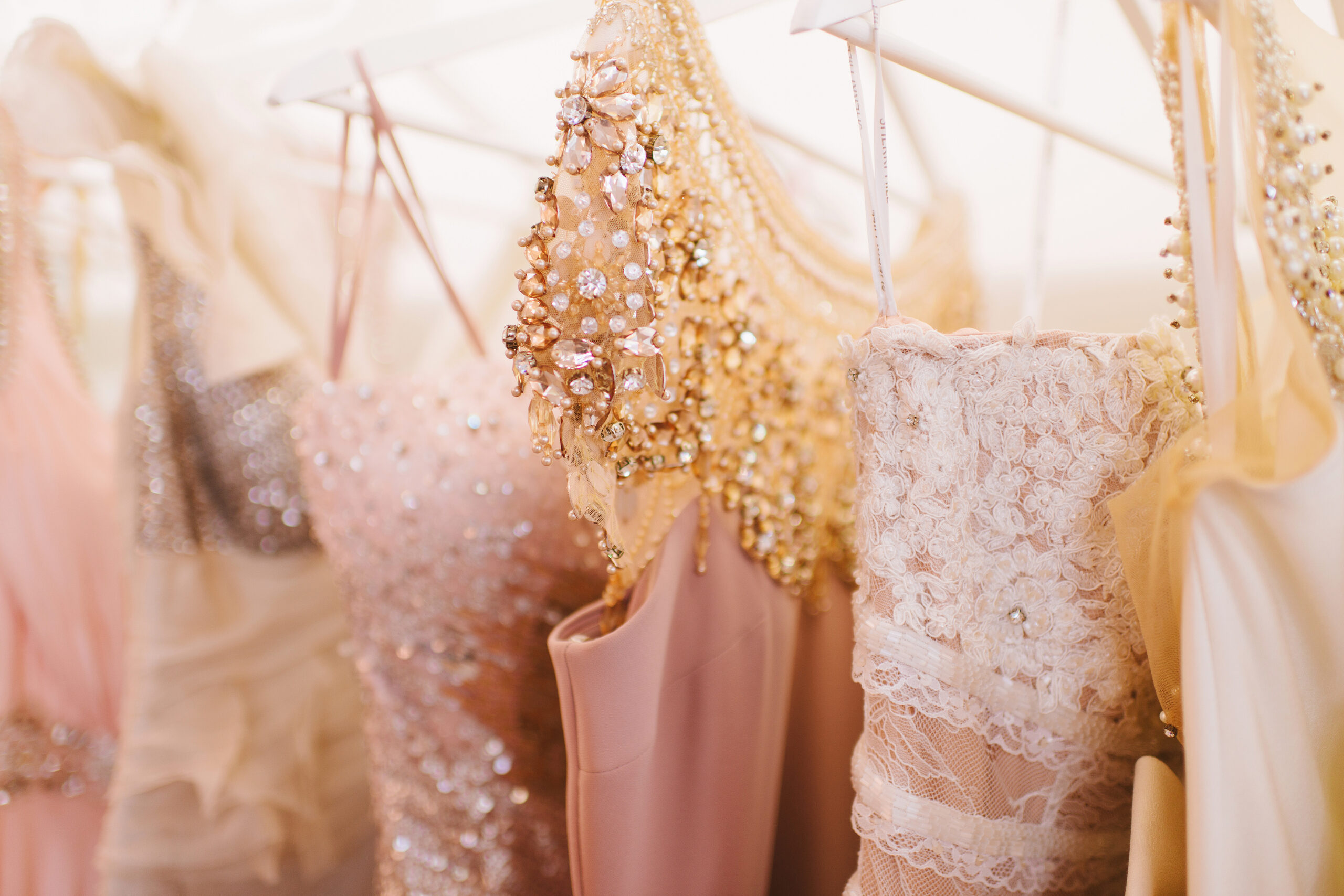 Grate choice of gorgeous fashion dresses hanging on racks in woman's wardrobe. A big variety of sparkling clothes.