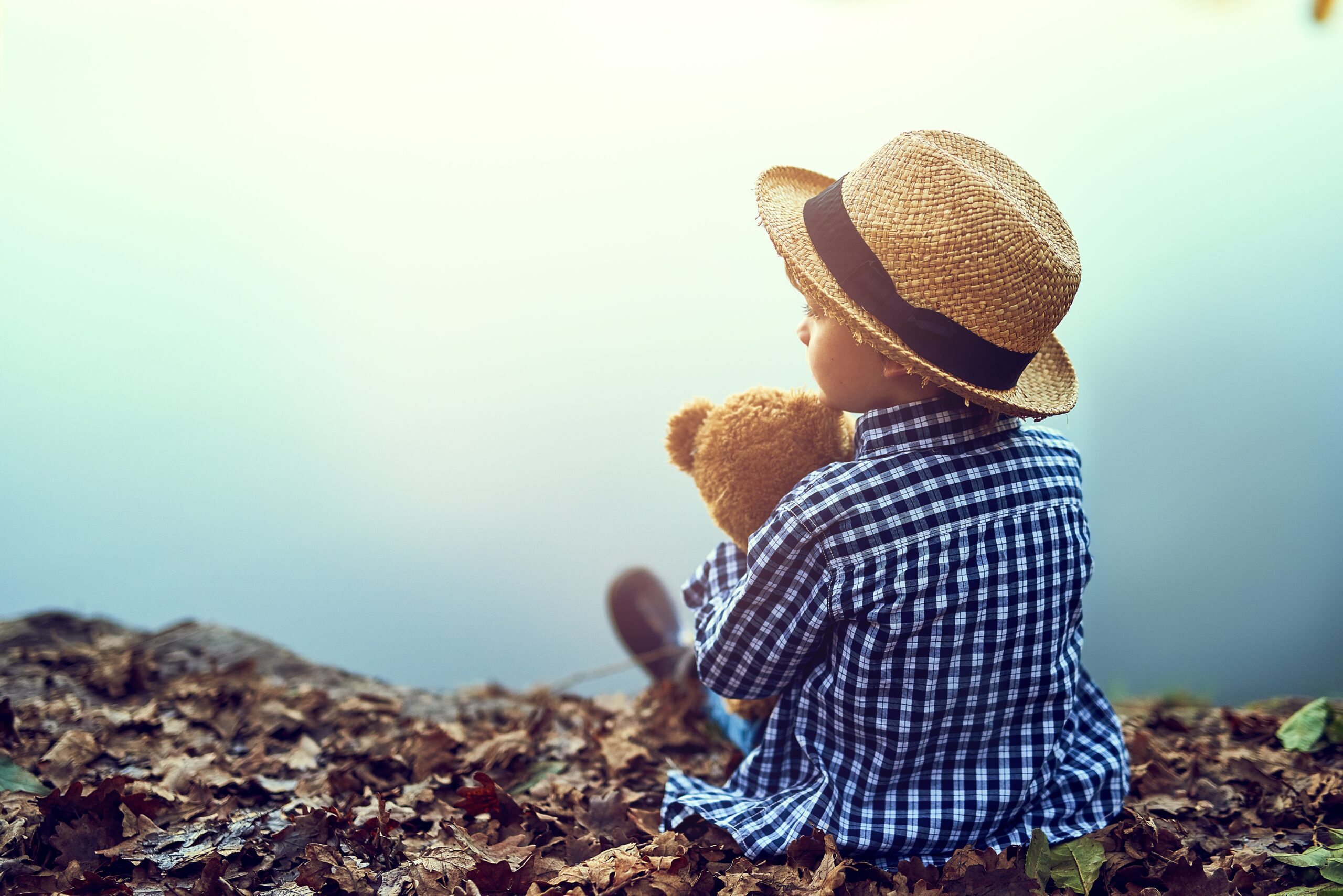 LIttle boy looking into the distance holding his teady bear